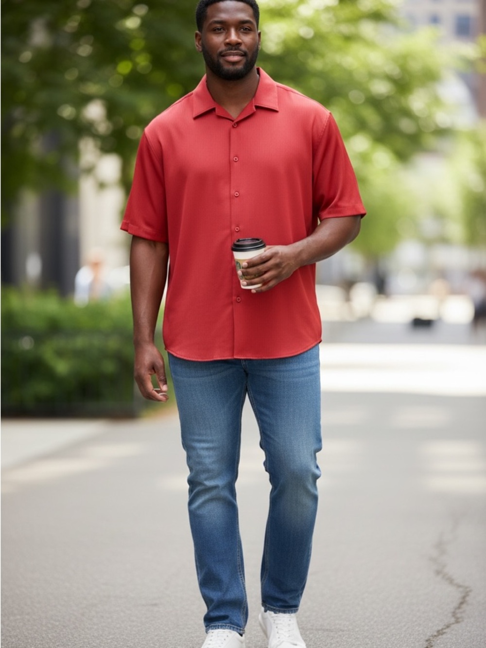 Agenda New York Red Short Sleeve Button-Up Shirt | Size M 15–15.5